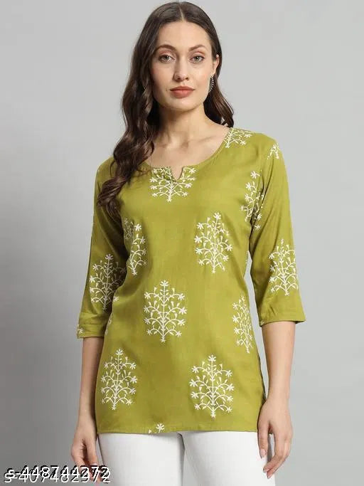 Printed Rayon Green Short Kurti For Girls and Women